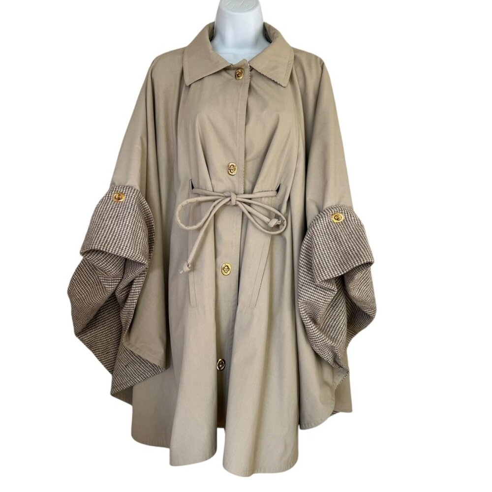 Bonnie Cashin cape khaki cream plaid wool lined waist tie turnlock closure coat